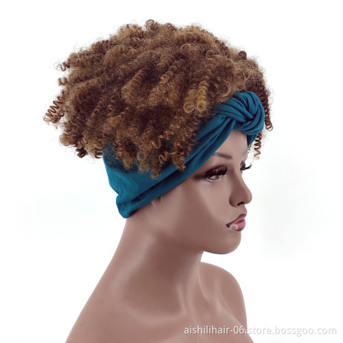Aishili wholesale cheap short brown hair kinky afro deep curly synthetic headband wigs for women